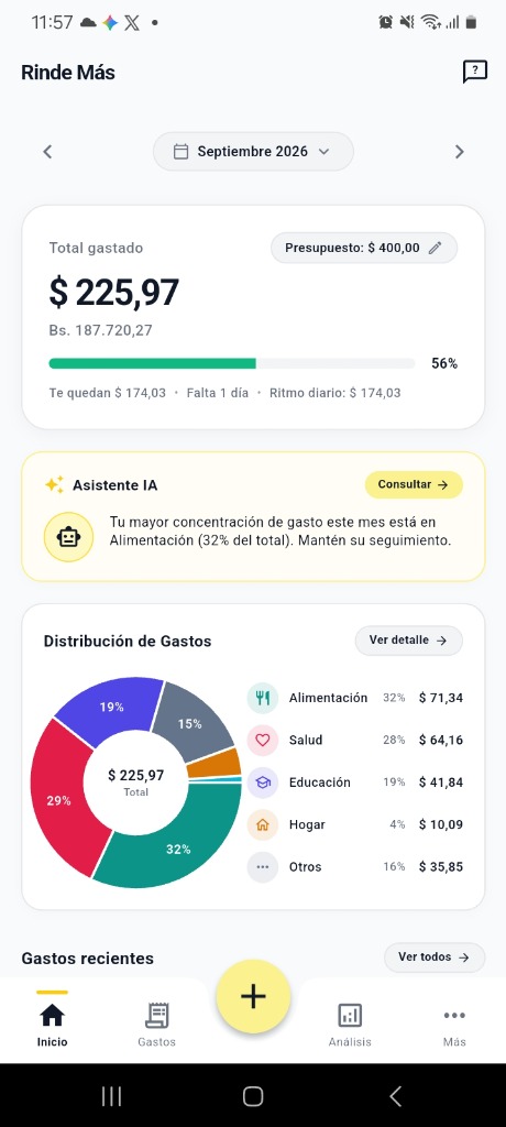 Pantalla de la aplicación Rinde Más